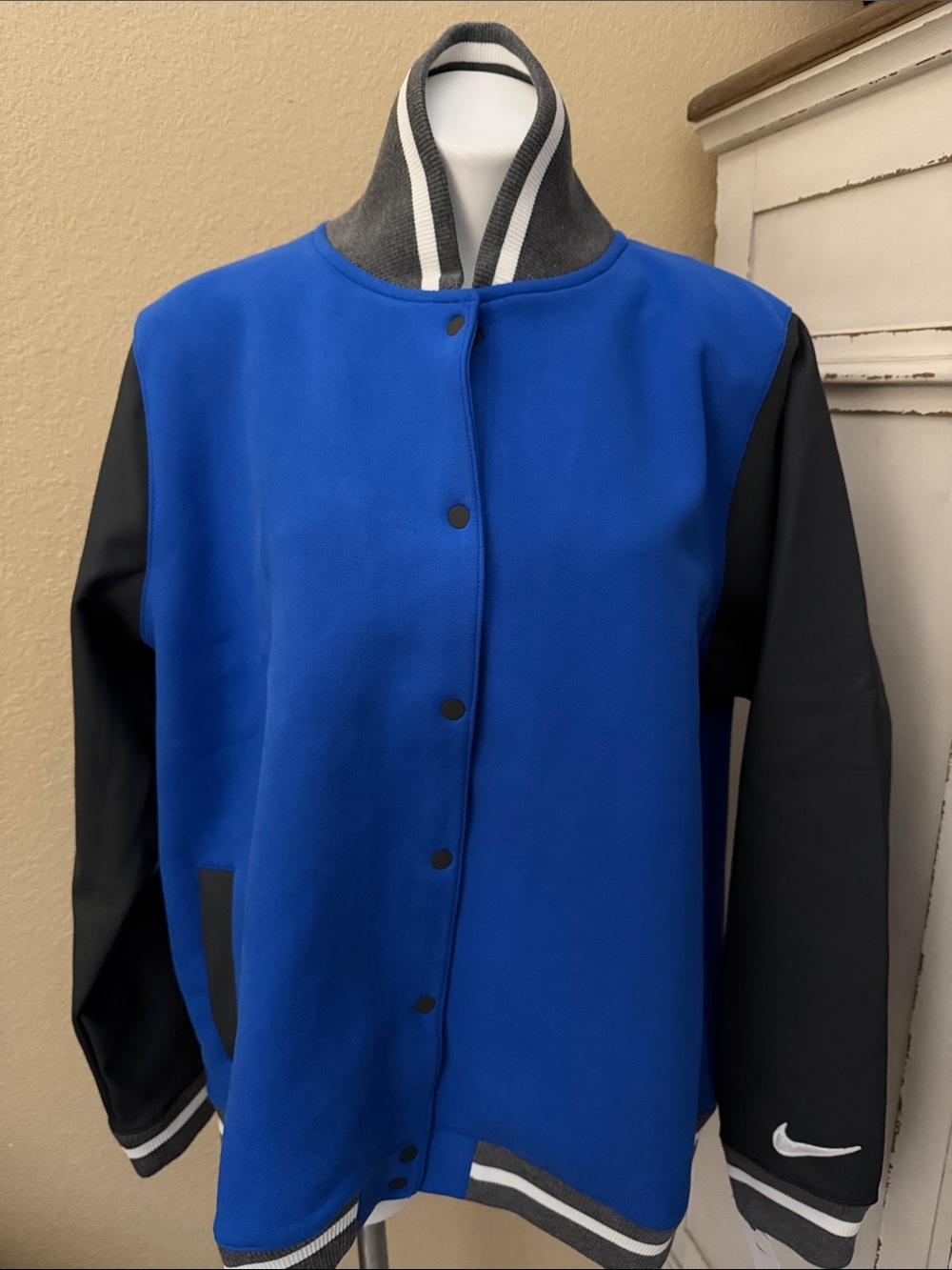 Nike Royal Blue and Black Women's Varsity Jacket
